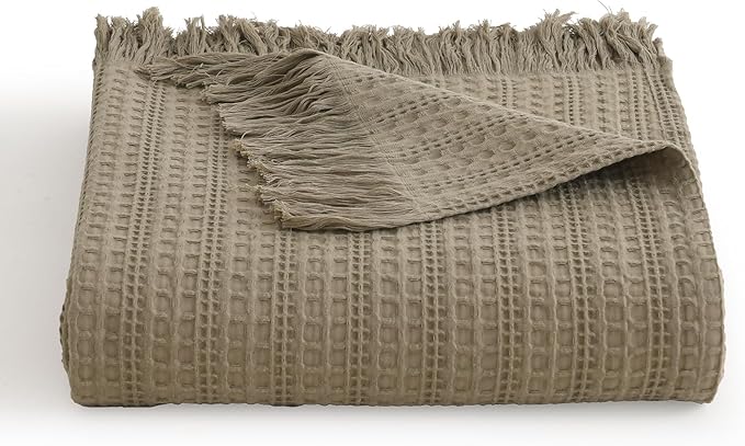 100% Cotton Waffle King Blanket with Fringe 104"x90", Pre-Washed Waffle Weave Blanket for All Season, Lightweight Breathable Soft Cozy Throw Blanket for Couch, Bed, Travel (Sage Green)