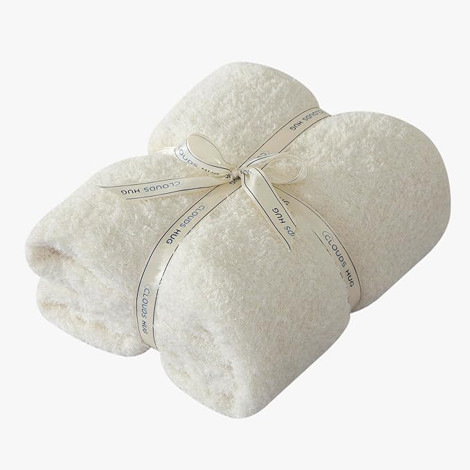 Knit Throw Blanket for Couch - Super Soft Bed Blanket, Fluffy Fuzzy Plush Lightweight Cozy Blankets for Sofa ,Cream,50" x 60"