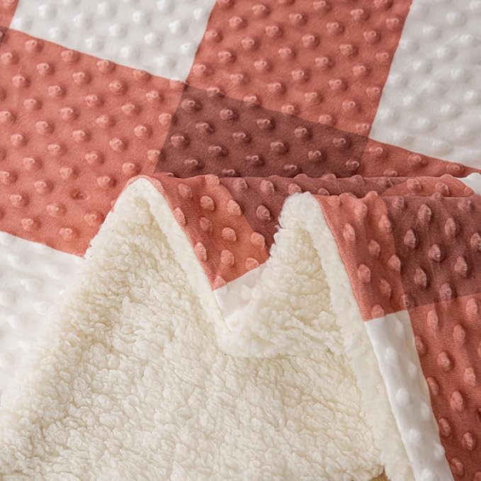PU MEI Sherpa Blanket Fleece Throw Blanket Full Queen Plaid Thick Bed Blanket, Soft Warm Cozy Orange Checkered Throw Blanket 80"*90"