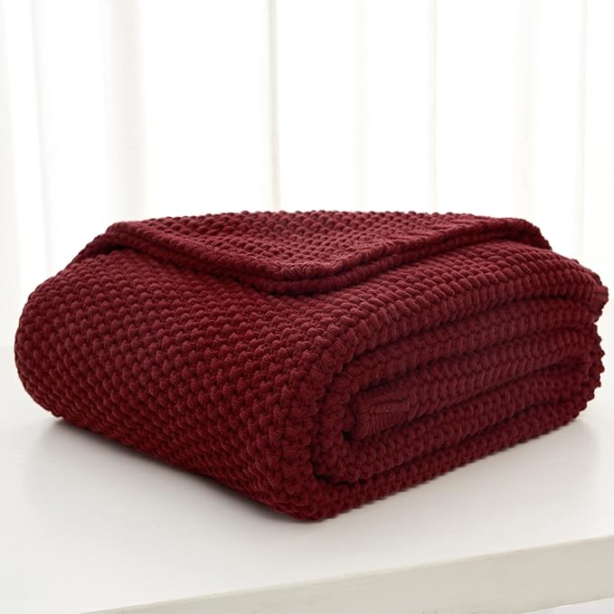 Chunky Cable Knit Throw Blanket Lightweight Wine red 100% Organic Cotton Blanket for Sofa Couch Bed Baby Nursery, Rustic Shabby Chic Modern Farmhouse, 60” x 80” Give Laundering Bag