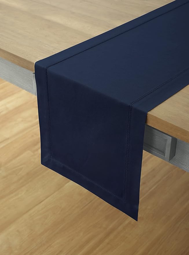 Solino Home Navy Hemstitch Table Runner 36 Inches - Cotton Linen Small Table Runner 14 x 36 Inch Ideal for Dresser and Coffee Tables - Summer, Fall, Autumn, Halloween
