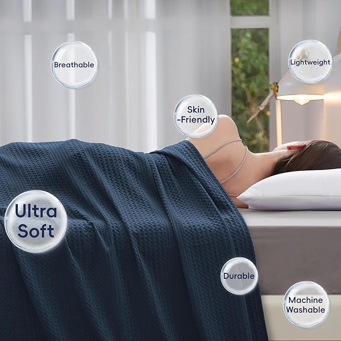 PHF Lightweight Waffle Weave Blanket Queen Size, Breathable & Ultra Soft, 90"x 90" Soft & Cozy Thin Blanket, Perfect for Summer & Hot Sleepers, Bed, Home Decor - Navy Blue