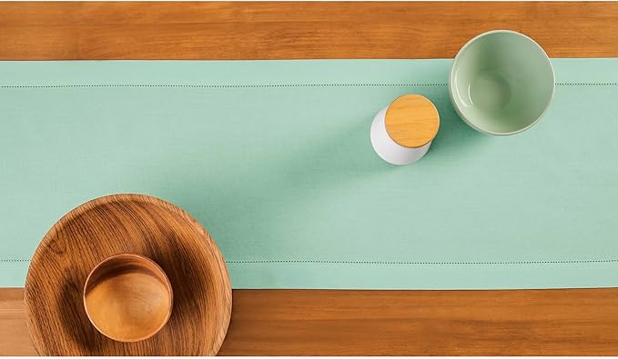 Solino Home Table Runner 108 Inches Long - Cotton Linen Hemstitch Aqua Table Runner 14 x 108 Inch for Summer