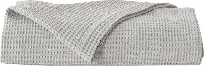 100% Cotton Blanket for King Size Bed - Grey Waffle Weave Lightweight Summer Bed Blanket - 102x90in Prewashed Breathable, Woven, Layering Blanket (King, Light Grey)