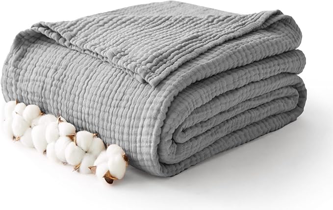 100% Cotton Muslin Blanket King 108" x 90", 6 Layers Breathable and Lightweight Cotton Throw Blanket for Bed, Soft Quilt Bedspread Coverlet, Gauze Blanket for Adults All Season, Grey