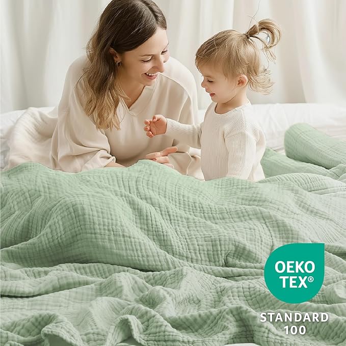 100% Cotton Muslin Blanket King 108" x 90", 6 Layers Breathable and Lightweight Cotton Throw Blanket for Bed, Soft Quilt Bedspread Coverlet, Gauze Blanket for Adults All Season, Sage Green