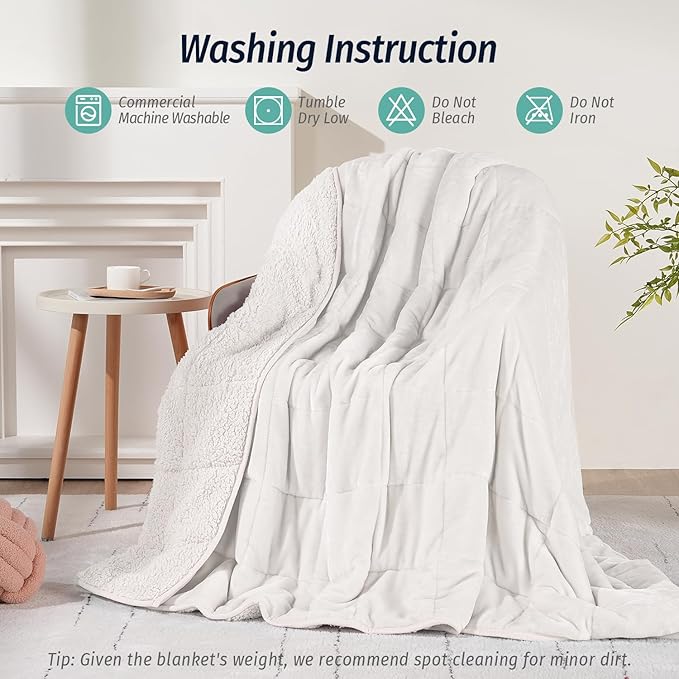 Wemore Sherpa Fleece Weighted Blanket for Adult,20 lbs Dual Sided Cozy Fluffy Heavy Blanket,Ultra Fuzzy Throw Blanket with Soft Plush Flannel Top,60 x 80 inches White on Both Sides