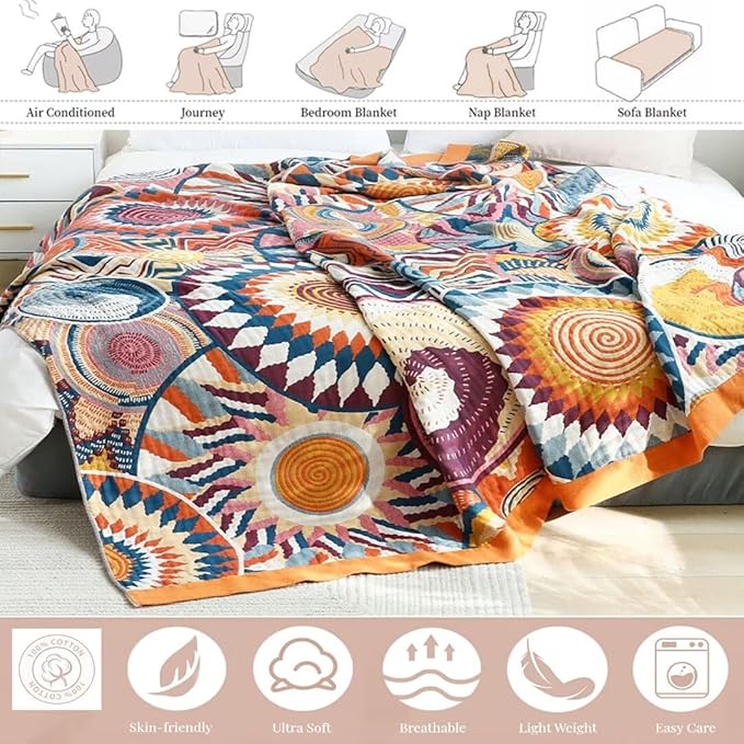 Muslin Boho Throw Blanket for Bed Couch, 100% Cotton Fall Throw Blanket, Bohemian Rustic Quilt 60"x80", Ultra Soft Mexican Blankets Travel Picnic Versatile Knitted Woven Blanket for Sofa
