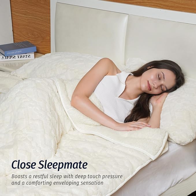 Wemore Weighted Blanket for Adults Twin Size 20 lbs, Dual Sided Soft Fuzzy Jacquard Sherpa Weighted Blankets Throw, Cozy Fluffy Knitted Heavy Blanket for Bed and Couch, Cream White, 60 x 80 inches
