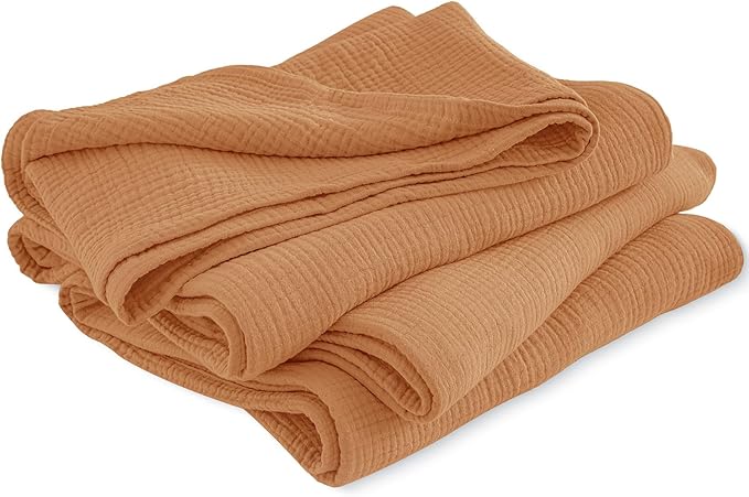 PHF 100% Cotton Muslin Blanket King Size 108" x 90", 4-Layer Lightweight and Breathable Blanket for Summer, Luxuriously Soft Gauze Bedding for Bed, Natural Minimalism Style, Ideal Gift, Caramel