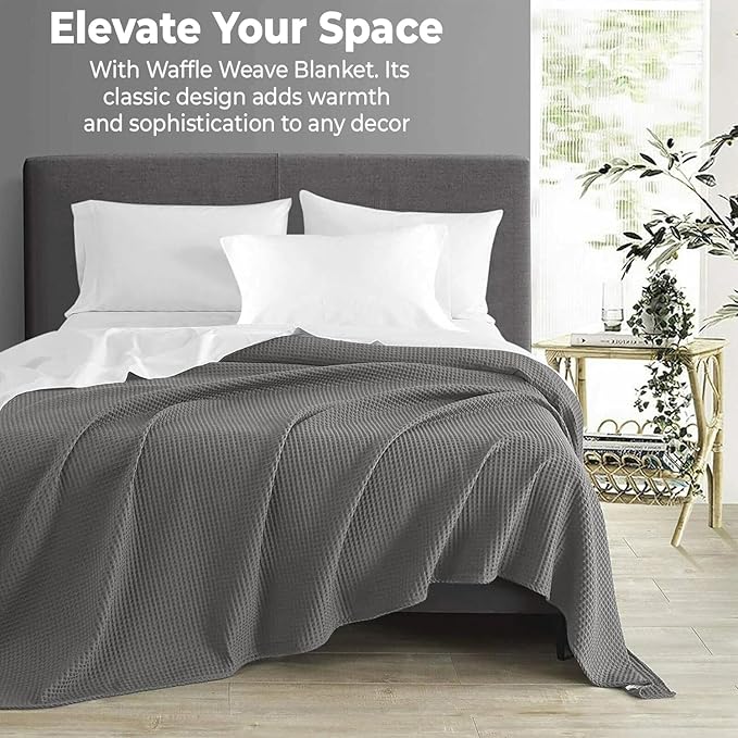 100% Cotton Blankets Throw Size for Bed - Waffle Weave Blankets for Summer, Lightweight and Breathable Soft Woven Blanket for Spring (Dark Grey, Throw (50" x 60")