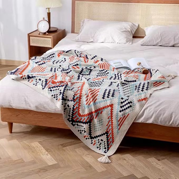 Blue Throw Blanket, Knitted Boho Throw Blankets with Tassels, Soft Colorful Throw Blanket for Sofa Couch Bed and Living Room, Blue&Orange (50x60 Inch)