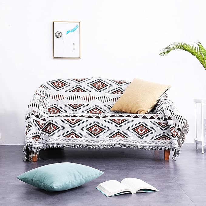 Luxlovery Bohemian Sofa Throw Blankets Ethnic Woven Boho Geometric White and Khaki Throw Blanket for Couch Aztec Bed Throws Oversized Chair Sofa Cover with Tassels(51"x63")