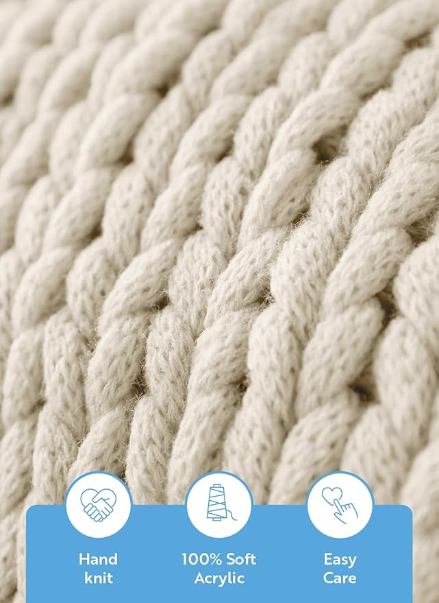 Linen Market Beddings Oversized Chunky Knit Throw Blanket Acrylic Hypoallergenic - 47'' x 59'' Cozy Home Accent for Snuggling, Lounging, and Stylish Décor (Ivory)