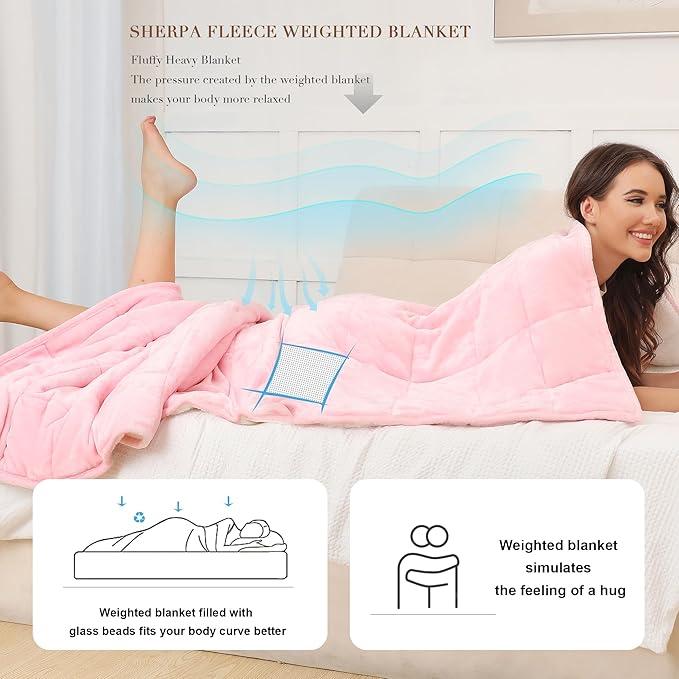 Alomidds Sherpa Fleece Weighted Blanket for Adult,12 lbs Twin Size Weighted Blankets with Ultra-Soft Fleece and Cozy Thick Warm Sherpa,Fluffy Flannel Heavy Blanket for Sofa Bed,48 x 72 inches,Pink