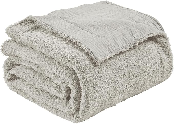 EMME Muslin Cotton Fleece Twin Blanket Reversible - 60"*80" Grey Soft Warm Throw Blankets for Couch Bed Picnic Travel Bed