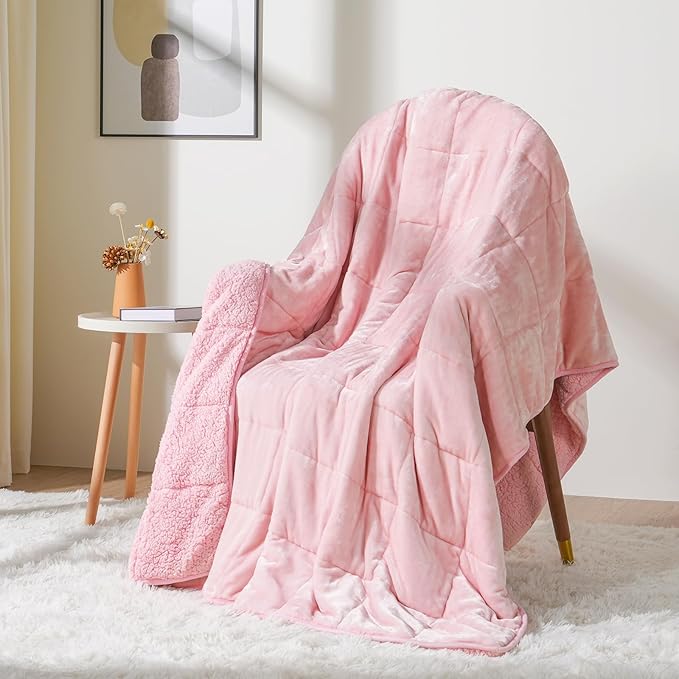 Weighted Blanket Twin 15 Pounds for Adults, Plush Blankets for Sofa Bed, Cottonblue Heavy Blanket with Ceramic Beads, Thick Fuzzy Blanket with Soft Plush Flannel for Winter Xmas, 48x72inch, Blush Pink