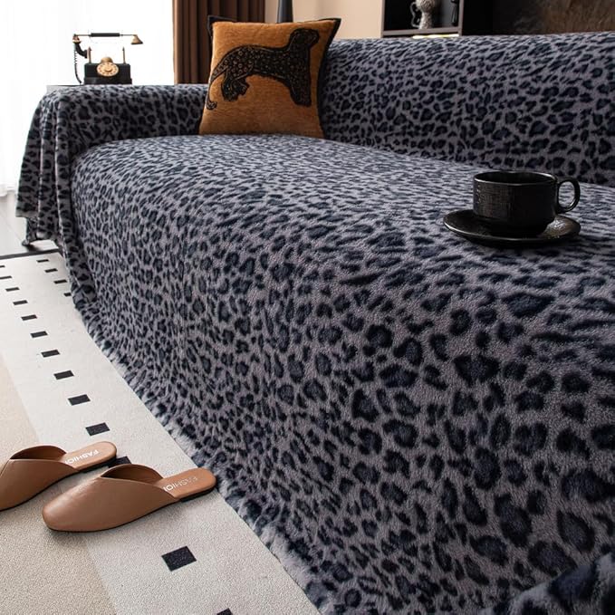 AMWAN Ultra Soft Fuzzy Faux Rabbit Fur Couch Cover for Sofa,Bed Shaggy Thick Warm Fluffy Sofa Slipcover for Dogs,Cats,Kids,Decorative Gray Cozy Furry Blanket, Blue-Grey,71x150’’