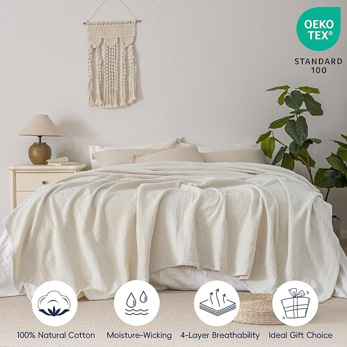 PHF 100% Cotton Muslin Blanket King Size 108" x 90", 4-Layer Lightweight and Breathable Blanket for Summer, Luxuriously Soft Gauze Bedding for Bed, Natural Minimalism Style, Ideal Gift, Oat Milk