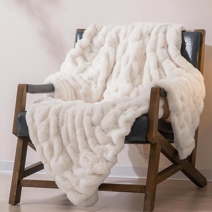 EVERGRACE Luxurious Soft Faux Rabbit Fur Throw Blanket, Cozy Fuzzy Plush Warm Throws for Couch Bed Sofa Chair Home Decor, Ruched Bubble Fluffy Blanket with Reversible Velvet, 60" x 80", Ivory White