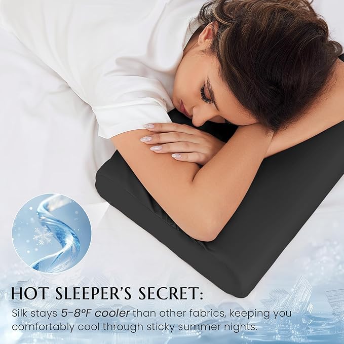 THXSILK 19 Momme 100% Mulberry Silk Pillowcase for Contour Memory Foam Pillow, Contour Pillow Case Cover, Cervical Pillow Case, Pack of 1(Black, 24"x14"x4.7"/3.9")