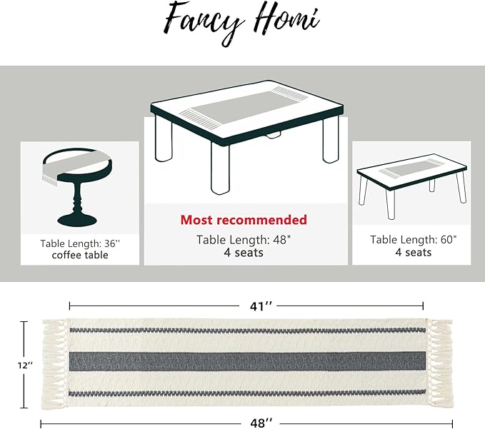 Fancy Homi Grey Table Runner 48 Inches Long Boho Macrame Table Runner for Home Decor, Farmhouse Table Runners with Tassels for Party Bohemian Rustic Bridal Shower Dining Decor 12x48 Inches