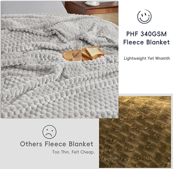 PHF Ultra Soft Flannel Fleece Blanket Twin Size, Lightweight 3D Jacquard Fleece Blanket, No Shedding, No Pilling, Luxury 340GSM Aesthetic Fluffy Cozy Bedding for Bed Room Decor, 66"x90", Light Grey