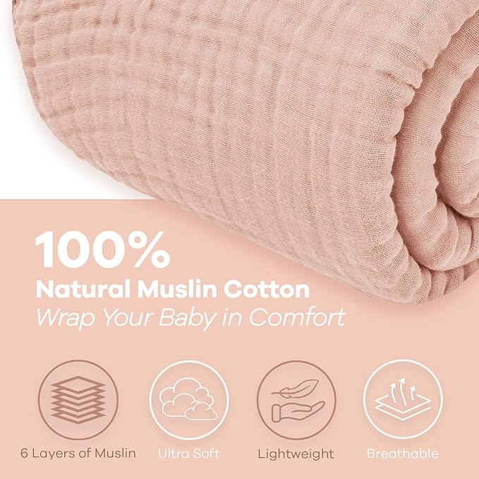 Comfy Cubs Muslin Throw Blanket - 50” x 60” Quilted Design - Lightweight, Breathable 6-Layer Gauze Fabric - Soft Cotton Blanket for Home or Travel - Packaged in Elegant Gift Box - Blush