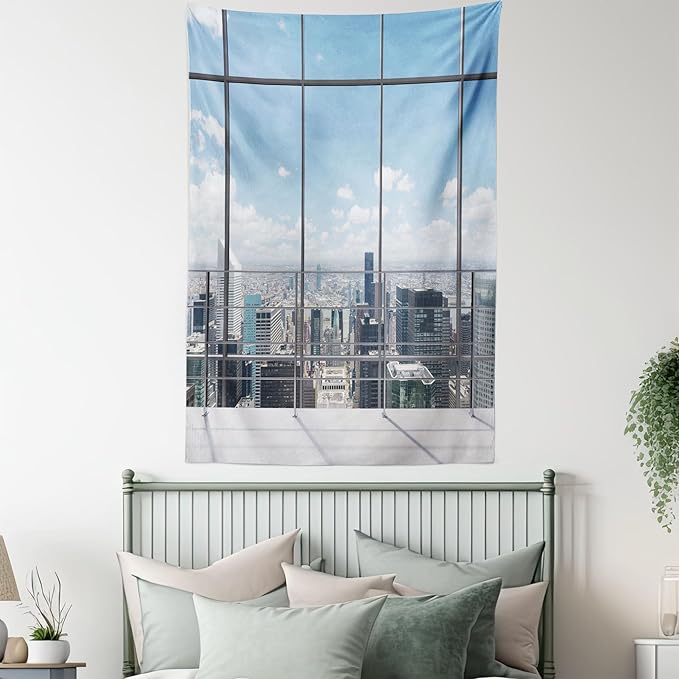 Ambesonne Urban Tapestry, Modern Office Work Place View to City Architecture Contemporary Plan, Fabric Wall Hanging Decor for Bedroom Living Room Dorm, 30" X 45", White
