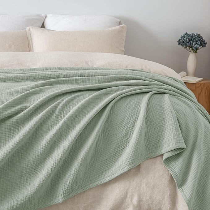 PHF 100% Cotton Muslin Blanket Queen Size 90" x 90", 4-Layer Lightweight and Breathable Blanket for Summer, Luxuriously Soft Gauze Bedding for Bed, Natural Minimalism Style, Ideal Gift, Sage Green
