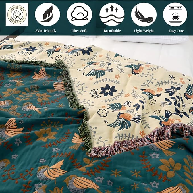 Floral and Bird Boho Throw Blanket for Bed,100% Cotton Reversible Rustic Quilt 60"x80",Soft Cozy Farmhouse Muslin Decorative Fall Throw Blankets for All Season, for Sofa, Couch Chair,Travel