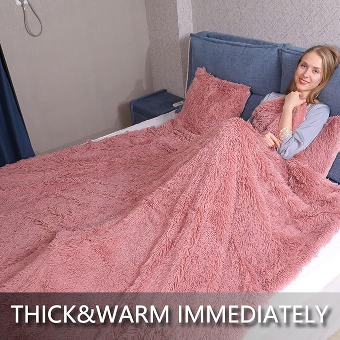 YUSOKI Long Faux Fur Throw Blanket for Sofa Couch,2 Layers,2.1lb,All Ages,Home Decoration, (Pink,50" x 60")