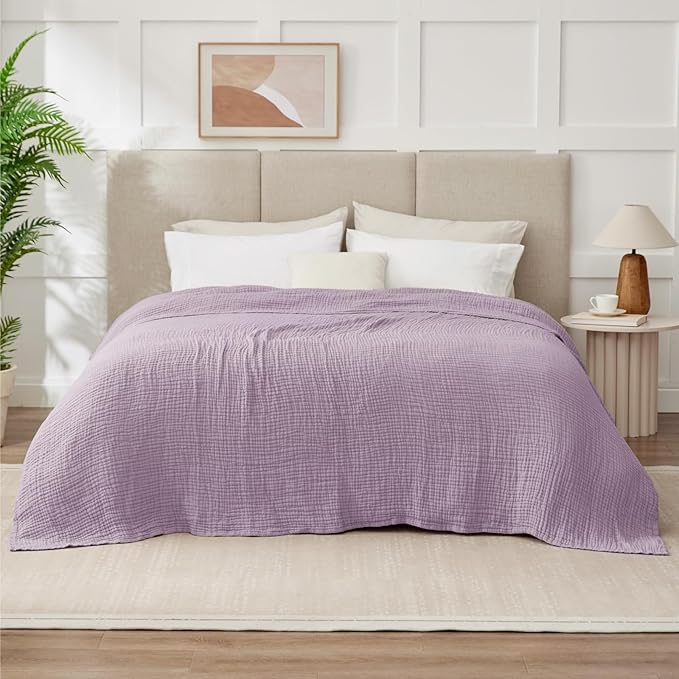 100% Cotton Muslin Blanket King 108" x 90", 6 Layers Breathable and Lightweight Cotton Throw Blanket for Bed, Soft Quilt Bedspread Coverlet, Gauze Blanket for Adults All Season, Lavender
