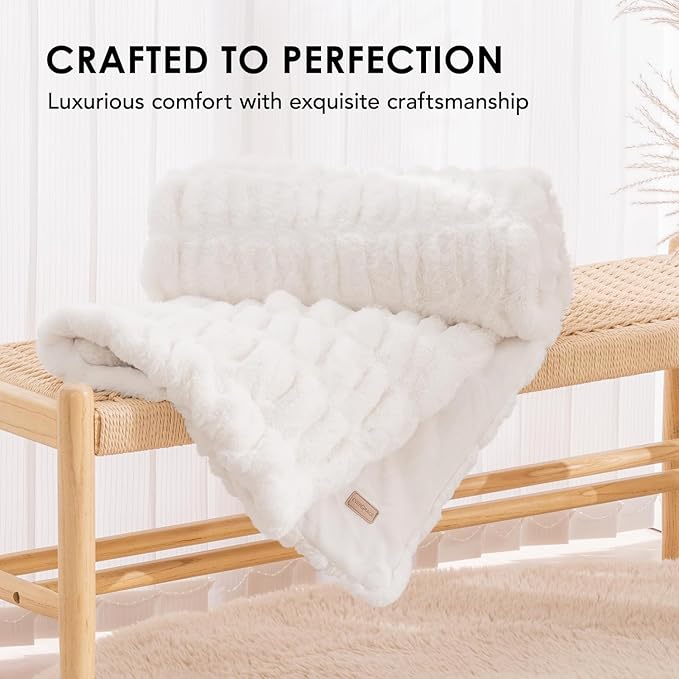 EVERGRACE Luxurious Soft Faux Rabbit Fur Throw Blanket, Cozy Fuzzy Plush Warm Throws for Couch Bed Sofa Chair Home Decor, Ruched Bubble Fluffy Blanket with Reversible Velvet, 60" x 80", Ivory White