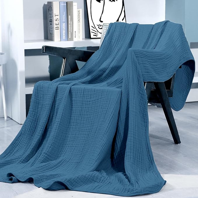 Yoofoss Muslin Blanket 100% Cotton Throw Large 50" x 60" for Bed Couch Summer Gauze Blanket for Adults Lightweight and Breathable Dark Blue