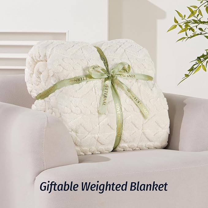 Wemore Weighted Blanket for Adults Twin Size 20 lbs, Dual Sided Soft Fuzzy Jacquard Sherpa Weighted Blankets Throw, Cozy Fluffy Knitted Heavy Blanket for Bed and Couch, Cream White, 60 x 80 inches