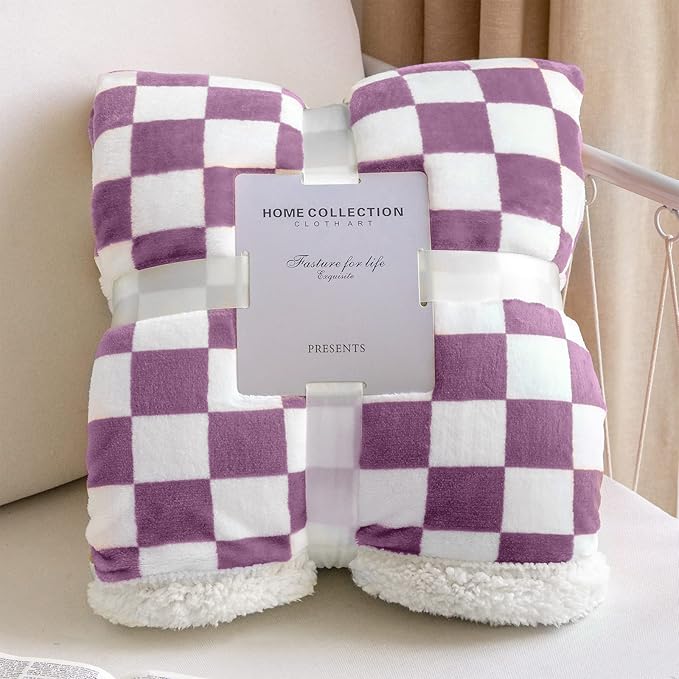 LOMAO Sherpa Throw Blanket Fleece Blanket with Checkered Pattern Soft Thick Blanket for Couch, Bed, Sofa Luxurious Warm and Cozy for All Seasons (Purple, 60"x80")