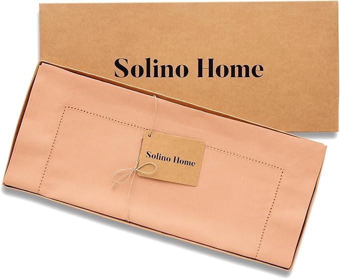 Solino Home Cotton Linen Table Runner 90 Inches Long - Hemstitch Peach Bloom Dining Table Runner 14 x 90 Inch for Summer