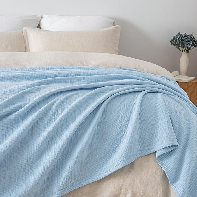 PHF 100% Cotton Muslin Blanket King Size 108" x 90", 4-Layer Lightweight and Breathable Blanket for Summer, Luxuriously Soft Gauze Bedding for Bed, Natural Minimalism Style, Ideal Gift, Sky Blue