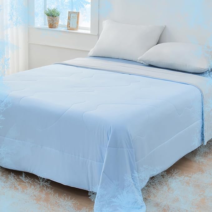 EMME Cooling Comforter Twin Size, Double-Sided Cooling Blanket for Hot Sleepers, Q-Max>0.45 Breathable Summer Quilt for Night Sweater, Cold Touch Lightweight Duvet Insert (Blue,68 x 90)