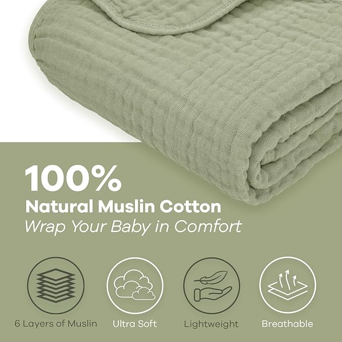 Comfy Cubs Muslin Baby Blanket - Soft, Lightweight, 6-Layer Cotton Swaddle Blankets for Newborns, Infants & Toddlers - 40" x 40" Large, Breathable & Versatile for Sleeping & Tummy Time - Sage