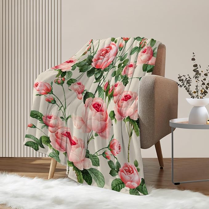 Neatee Living Rose Large Throw Blanket Spring Summer Floral Blanket Throw Blanket for Couch Sofa Bed Soft Cozy Fuzzy Plush Fleece Blankets Home Living Room Decorative Print Blanket 50x70
