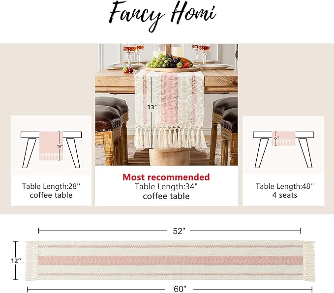 Fancy Homi Pink Table Runner 60 Inches Long Boho Macrame Table Runner for Home Decor, Farmhouse Table Runners with Tassels for Party Bohemian Rustic Bridal Shower Dining Decor 12x60 Inches