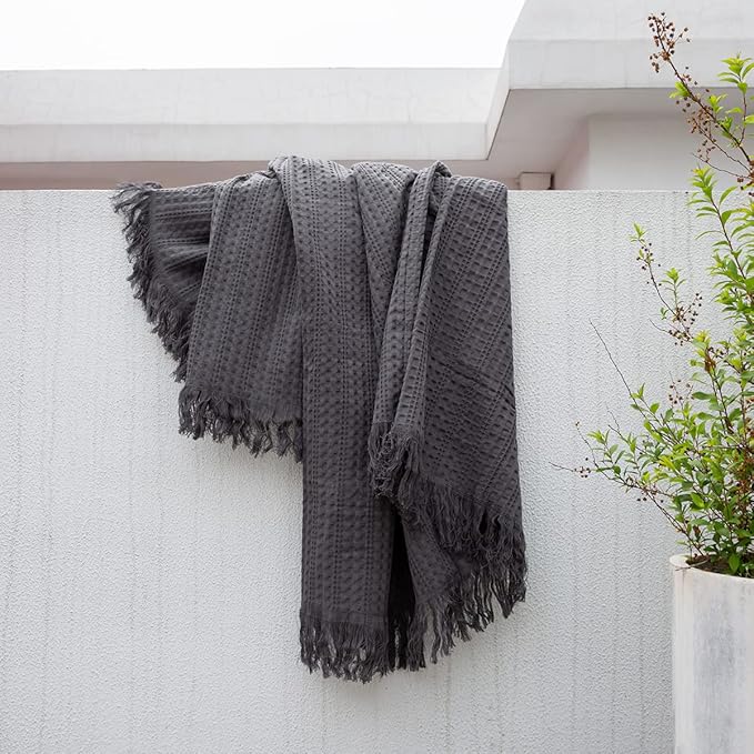 100% Cotton Waffle Blanket with Fringe, Pre-Washed Waffle Weave Blanket for All Season, Lightweight Breathable Soft Cozy Throw Blanket for Couch, Bed, Travel (Grey - 60x80 Inches)