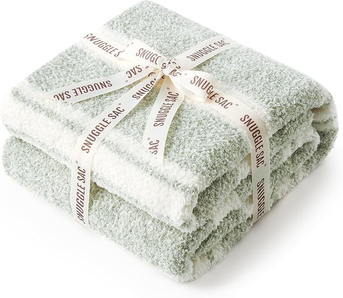 Snuggle Sac Stripe Sage Green Throw Blanket for Couch, Super Soft Warm Blankets Cozy Knit Fuzzy Plush Lightweight Throws for Sofa, Bed,Living Room, Stripe Green, 50x60 inches