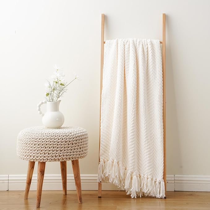 BATTILO HOME Cream White Throw Blanket for Couch, Ivory Throw Blanket for Bed, Warm Decorative White Blanket Throw for Home Decor, 50" x 60"
