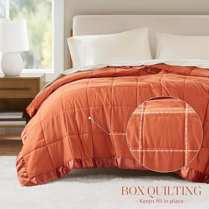 Madison Park Twin Blanket Quilted Microfiber, Satin Binding, 3M Scotchgard Moisture Wicking Treatment, Soft and Lightweight Summer Blanket for Couch, Windom, Twin, Orange