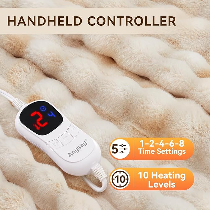 Heated Blanket Throw with 1/2/4/6/8 Hours Auto-Off 10 Heat Level, 50'' * 60'' Cozy Faux Rabbit Fur Bubble Electric Blanket with Overheat Protection(Beige)
