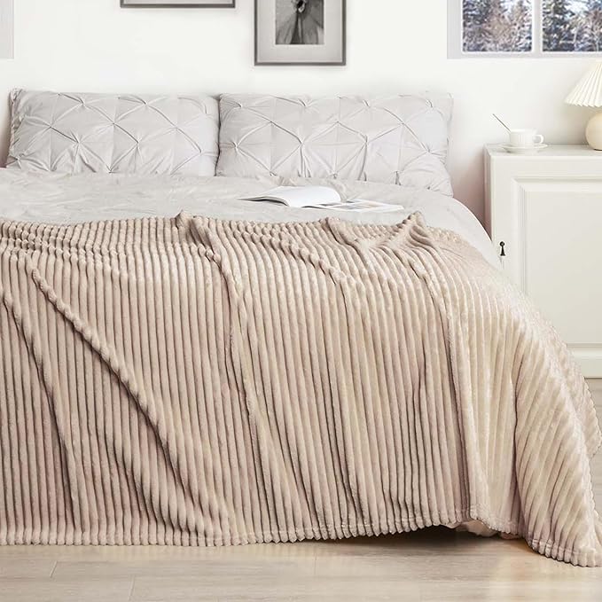 Vessia Flannel Throw Blanket with Pillow Cover for Couch,Sofa,Bed, 300GSM Striped Camel Blanket for Adults, Super Soft Warm Cozy Ribbed Brown Throw for All-Season(50x71inch)