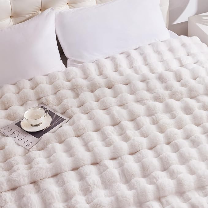 Heated Blanket Throw with 1/2/4/6/8 Hours Auto-Off 10 Heat Level, 50'' * 60'' Cozy Faux Rabbit Fur Bubble Electric Blanket with Overheat Protection(White)